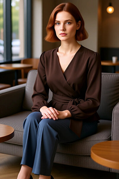 PayBuy Γυναικεία εκρού διπλό πέτο με λεπτομέρεια με κορδόνια με λαιμόκοψη σε σχήμα V με υφαντό μπλουζάκι με μανίκια μπαλόνι για χειμερινή επαγγελματική χρήση