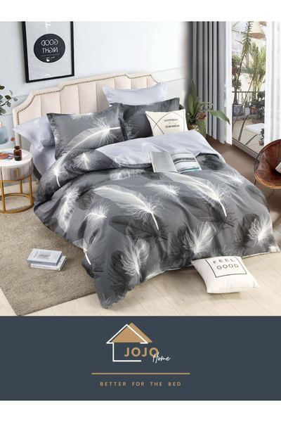 JOJO HOME Bed linen set, fine cotton, with elastic, 6 pieces, 180x200cm, Grey Feathers