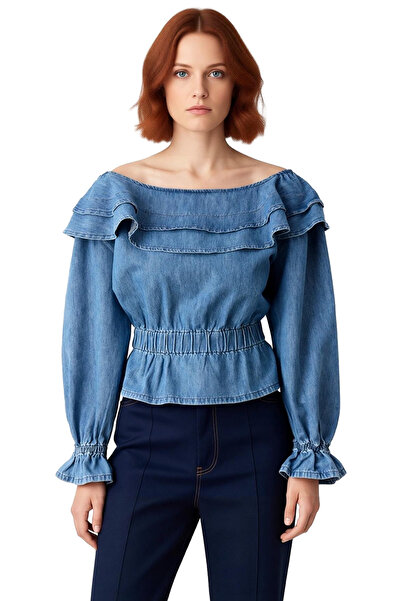 PayBuy Women's Carmen Collar Ruffled Denim Blouse Stylish and Comfortable Casual Style Quality Stylish Comfortable Modern Elegant
