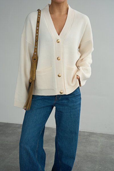 LOOSH Kadın Krem V Yaka Cep Detaylı Düğmeli Casual Hırka