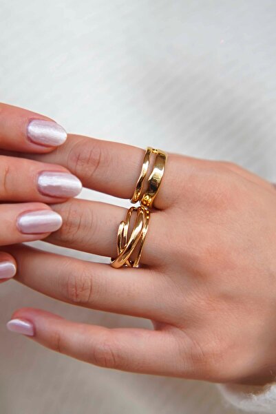 TREND COLLECTİON Altın Çift Halka ve Zincir Görünümlü 2'li Kadın Yüzük Seti