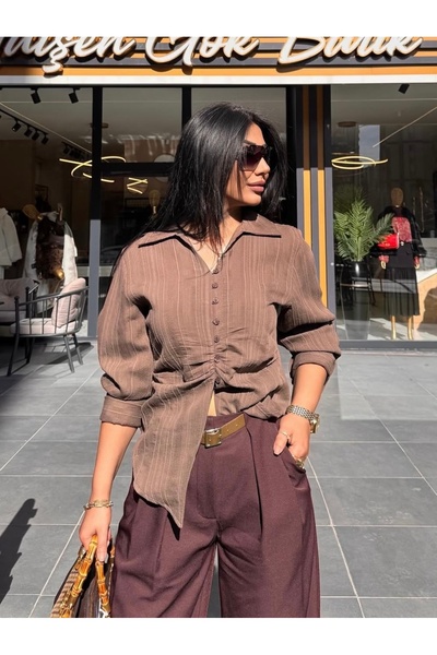Gülşen Gök Butik Keten Belden Oturtmalı Düğme Detay Gömlek
