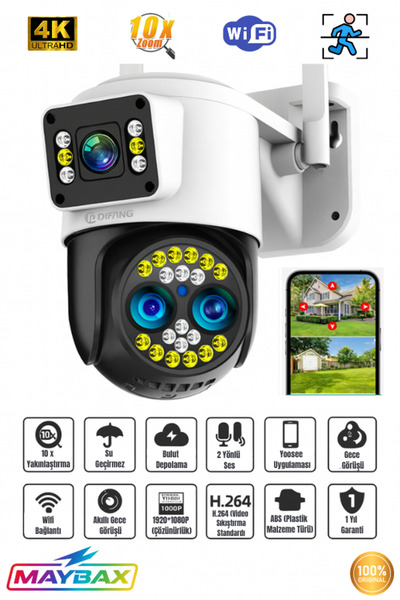 Maybax 1920*1080p WiFi Güvenlik Kamerası 360° Akıllı Gece Görüş IP66 Su Geçirmez Çift Yönlü Ses 10X Zoom