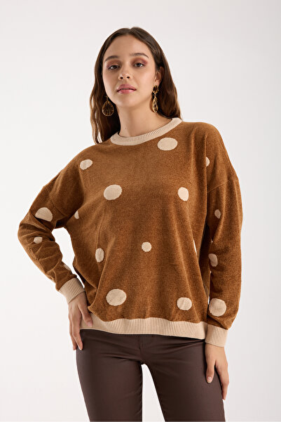 Moda Days Women's Tan Polka Dot Chenille Velvet Crew Neck Knitwear Sweater