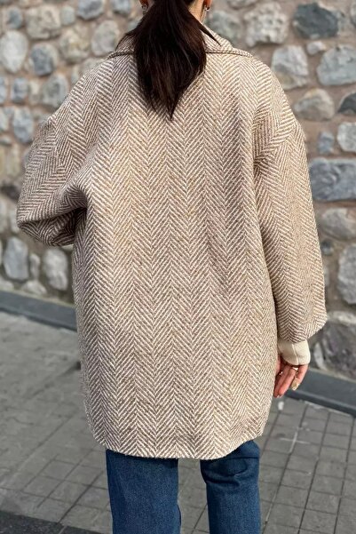 Suziş Camel színű Boucle halszálkás mintás oversize standard méretű kabát 9526