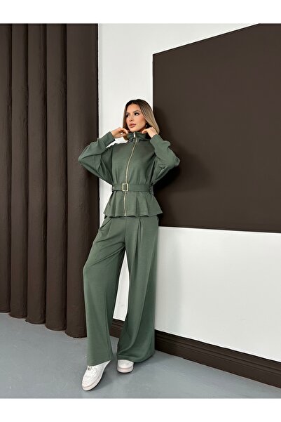 MODAMERSİ Women's Khaki Belt Detailed Zippered Mock Neck Piece Set