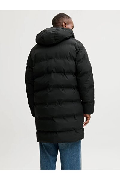 Jack & Jones Jacket, JJESHOHO LONG PUFFER, men's hooded jacket with slant pockets, Black