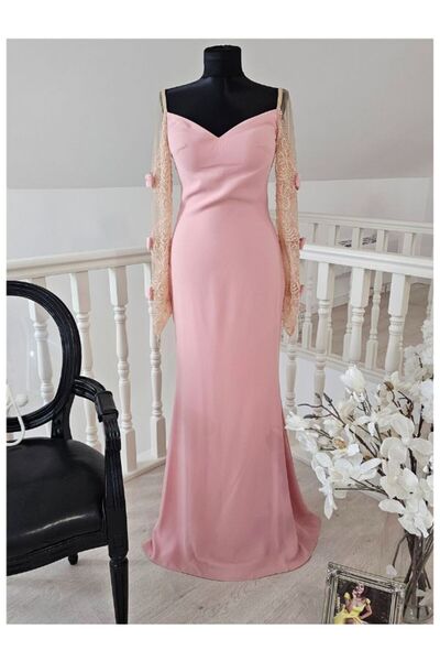 TARIK EDİZ Rochie de seara lunga roz mulata din crepe cu maneca lunga si fundite