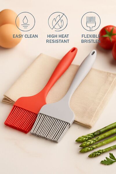 TARIK HOME Wide Gray Red 2-Piece Silicone Brush Set-Easy to Clean, Non-Stick,...