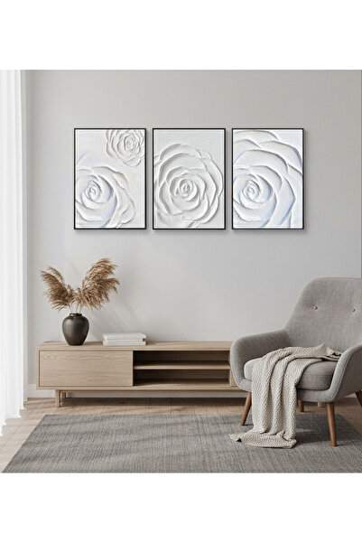 Linacci Set of 3 Black Metal Frame White Plain Pure Glass Paintings