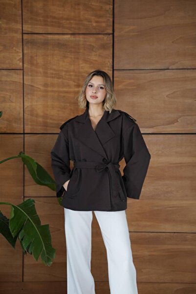 Ekim Store Tek Düğmeli Pelerinli Kuşaklı Trençkot