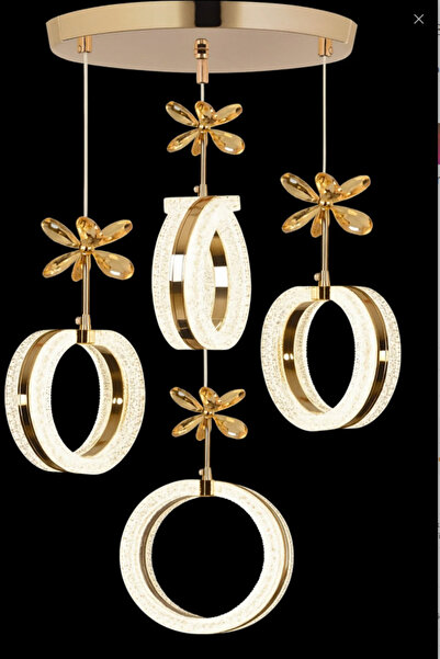 EY-EL TASARIM 4'LÜ ALYANS GOLD 3 RENK MODLU KRİSTAL TAŞLI LEDLİ AVİZE