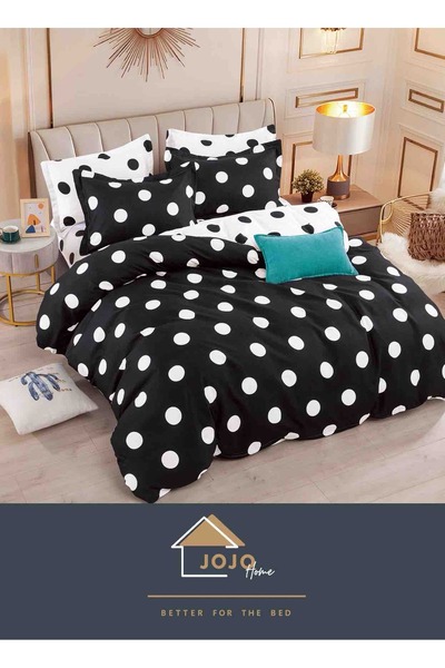 JOJO HOME Bed linen set, fine cotton, 6 pieces, 230x240cm, White / Black with polka dots
