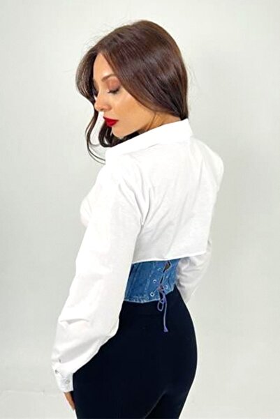 FashionForYou FABYA denim shirt, buttons and drawstring closure at the back, White