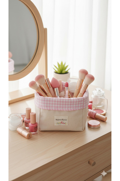 Mufincollection |   Multi-Purpose Pink and White Plaid Cloth Basket |   Bread Basket & Organizer