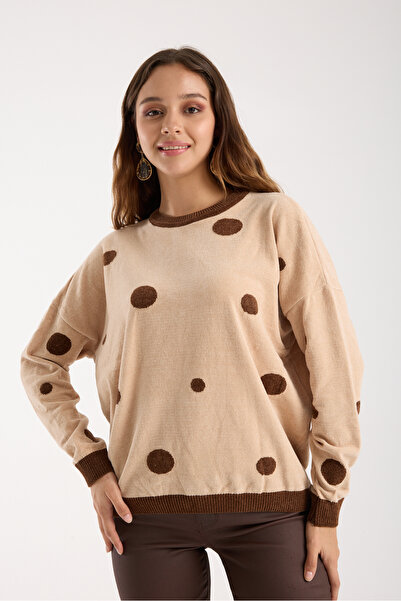 Moda Days Women's Cream Polka Dot Chenille Velvet Crew Neck Knitwear Sweater