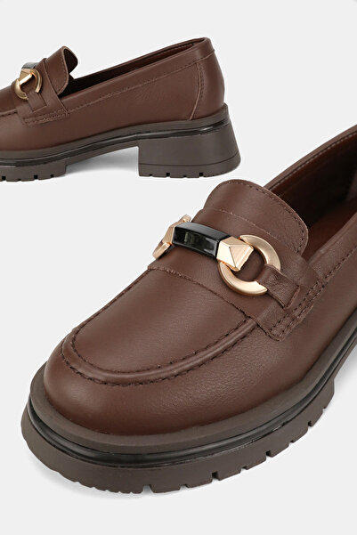 TUNAELLİ Дамски кафяви обувки от естествена кожа, размер 36-41, с катарама и дебел ток