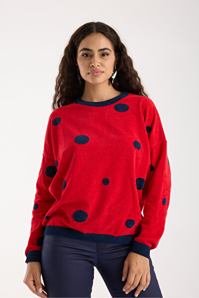 Moda Days Women's Red Polka Dot Chenille Velvet Crew Neck Knitwear Sweater