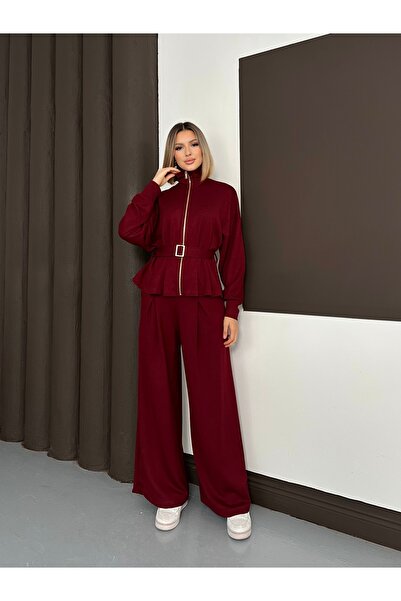 MODAMERSİ Women's Burgundy Belt Detailed Zippered Mock Neck Bottom Top Set