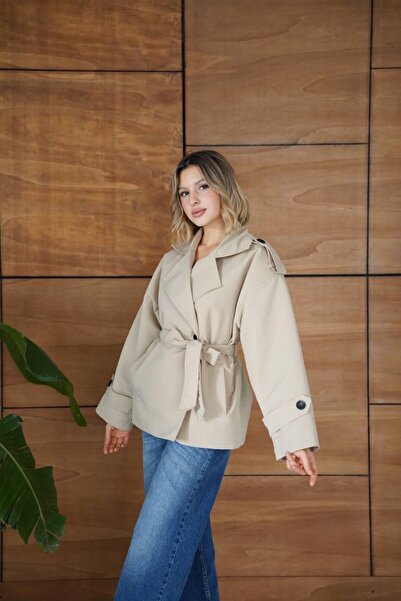 Ekim Store Tek Düğmeli Pelerinli Kuşaklı Trençkot