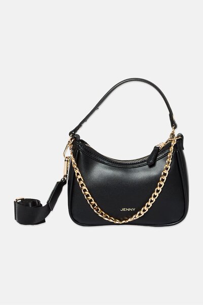 Jenny حقيبة كتف نسائية بشعار العلامة التجارية، باللون الأسود