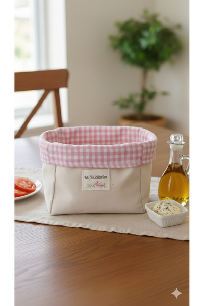 Mufincollection |   Multi-Purpose Pink and White Plaid Cloth Basket |   Bread Basket & Organizer