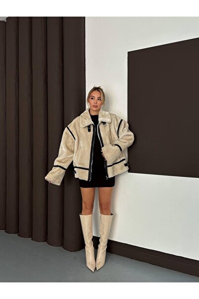 Ekim Store معطف فوكس كاشي من القطيفة بسحاب على شكل خروف