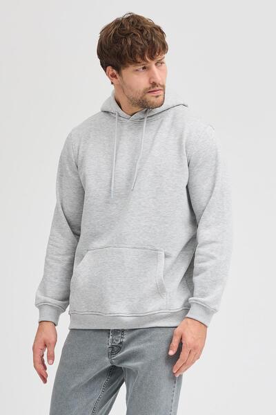 Polo State Men's Gray Melange Standard Fit Regular Cut Fleece Inside 3 Thread Hooded Cotton Sweatshirt