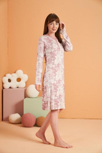 PJS Pink Viscose Nightgown - Placketed Collar Patterned Long Sleeve