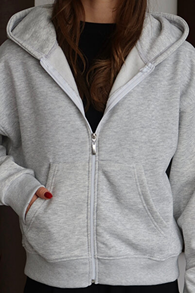 Balenbi Women's 3 Thread Fleece Lined Hooded Oversize Sweat Cardigan 1110