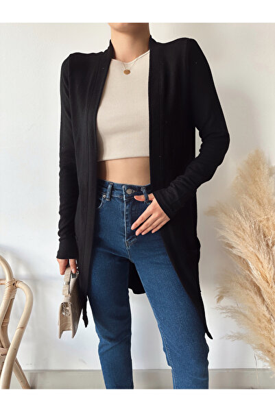 LACHT Women's Black Long Pocket Cardigan