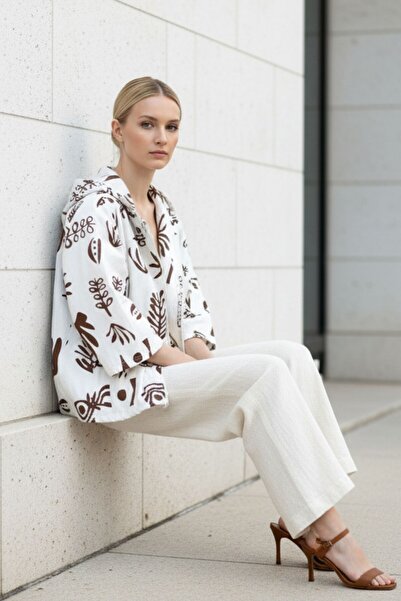 Kübra Tekstil Women's Cream Brown Patterned Zippered Oversized Pocket Hooded Cotton Cardigan-Jacket - Women's Jacket