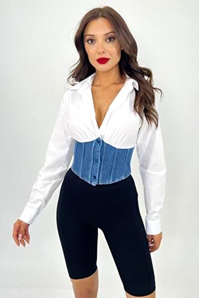 FashionForYou FABYA denim shirt, buttons and drawstring closure at the back, White