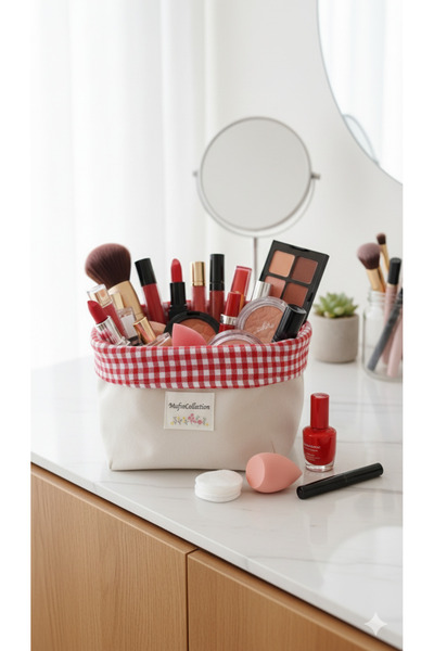 Mufincollection |   Multi-Purpose Red and White Plaid Cloth Basket |   Bread Basket & Organizer