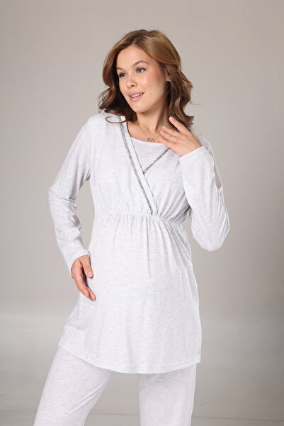 Lohusa Dünyasi Kadın Mavi Melanj Şal Yaka Kışlık Uzun Kol Özel Tasarım Lohusa Hamile Pijama Takım Seti