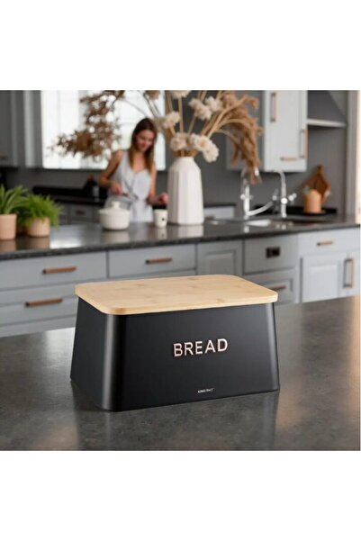 Kinghoff Black bread box, metal, with bamboo lid, 35×23×18cm,