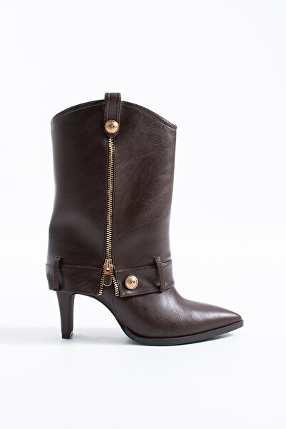 Siena Shoes Uche Kadın Toka Detaylı Topuklu Bot Kahve