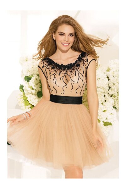 TARIK EDİZ Short beige baby doll tulle dress
