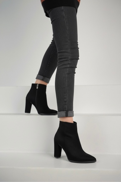 TOPUKSESİM Kaymaz Taban A Kalite Kalın Topuklu Siyah Süet Bot (9 CM )