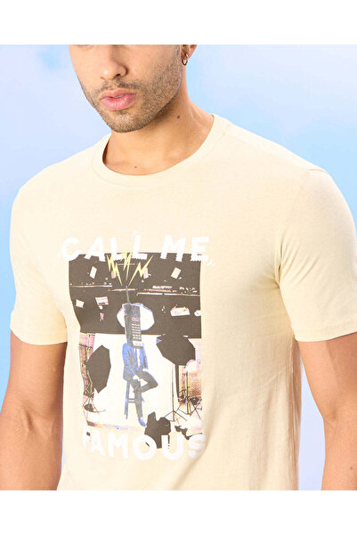 REDTAG Men Cream Call Me Print T-Shirt