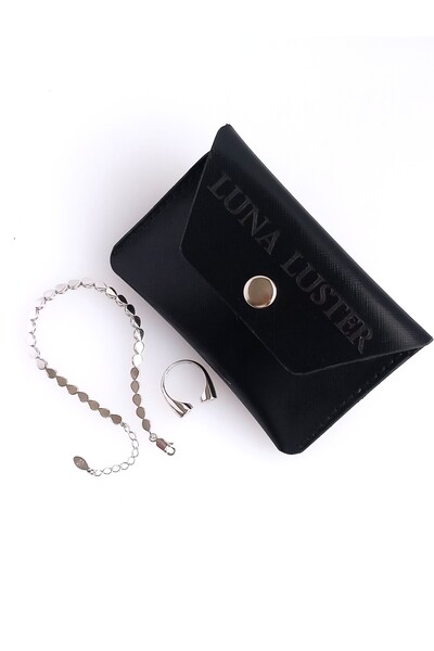 LUNA LUSTER حافظة بطاقات رجالية من الجلد الأصلي باللون الأسود، سوار نسائي فضي...