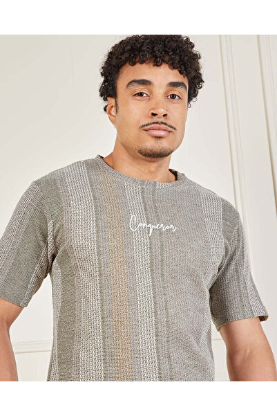 REDTAG Men Grey Striped T-Shirt