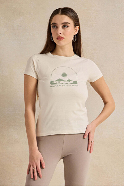 REDTAG Women Cream Printed T-Shirt