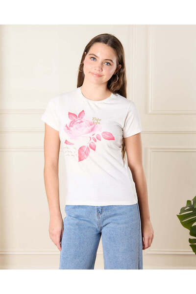 REDTAG Senior Girls White Rose Print T-Shirt