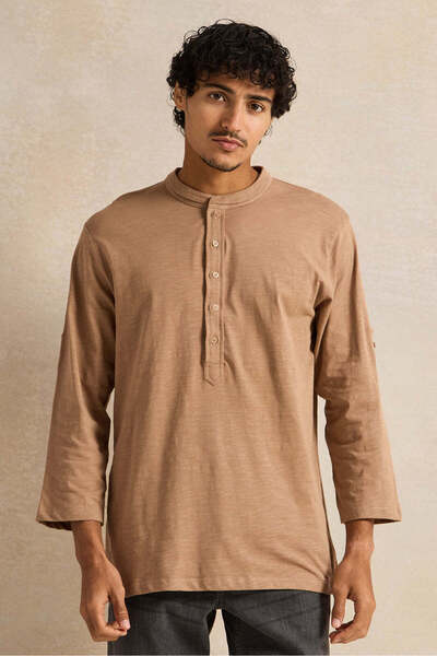 REDTAG Men Beige Suede Tipped Kurta Shirt