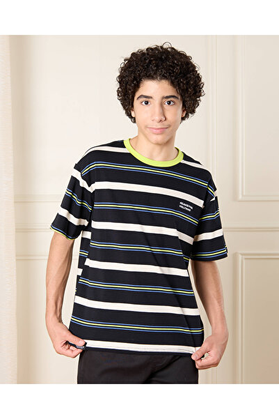 REDTAG Senior Boys Black Striped T-Shirt