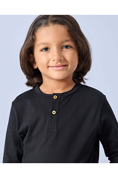 REDTAG Boys Black Long Sleeve Henley T-Shirt