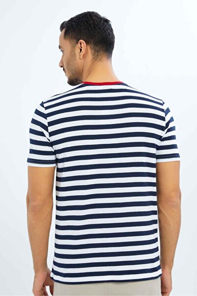 REDTAG Men White And Navy Striped T-Shirt