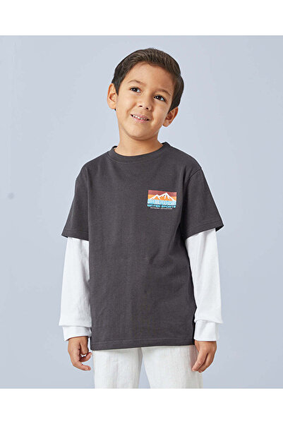 REDTAG Boys Charcoal Doctor Sleeve T-Shirt