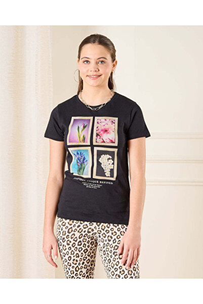 REDTAG Senior Girls Black Floral Print T-Shirt